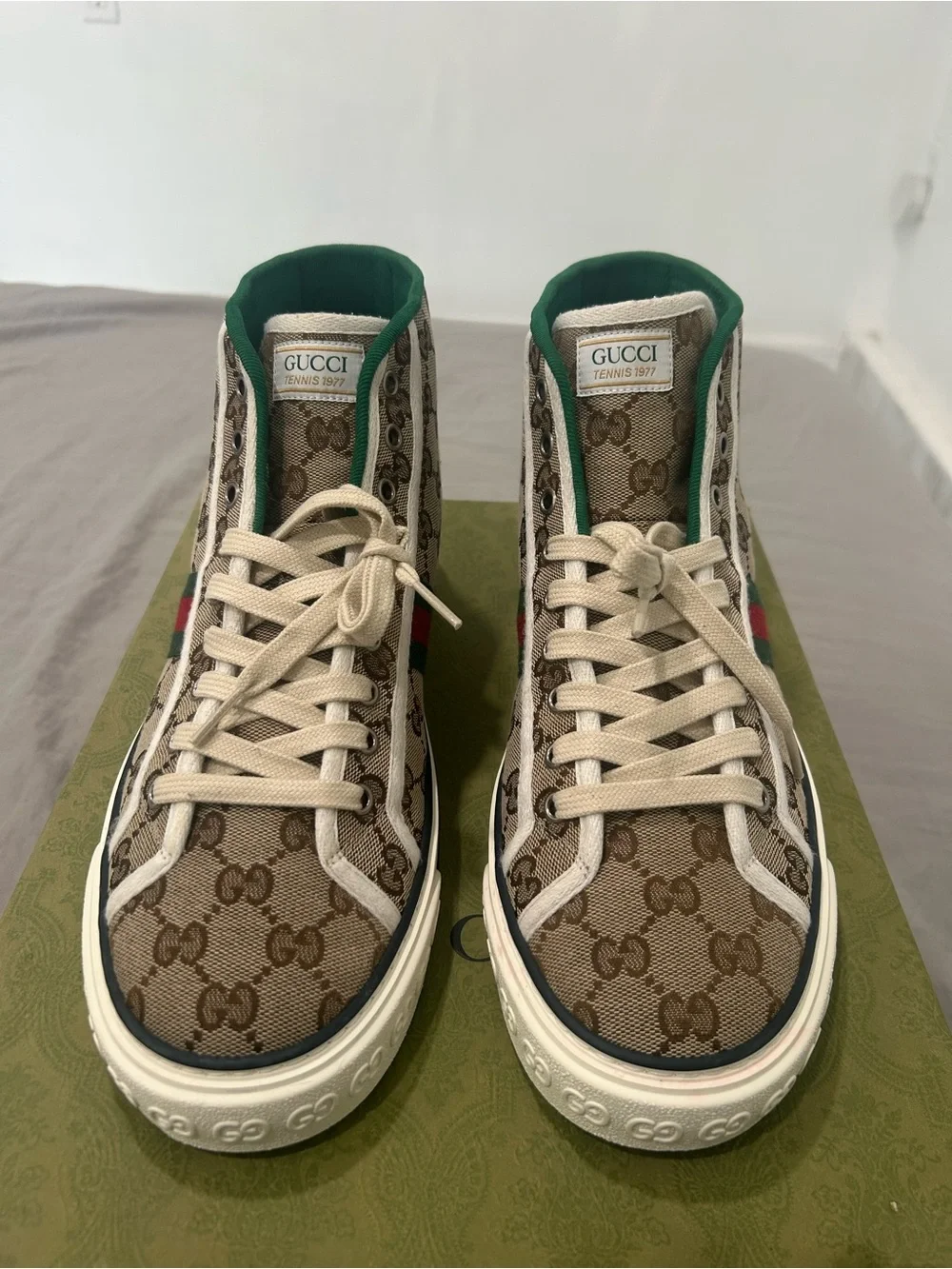 Gucci Men’s GG Canvas High-Top Sneakers in Brown with Green & Red Stripe